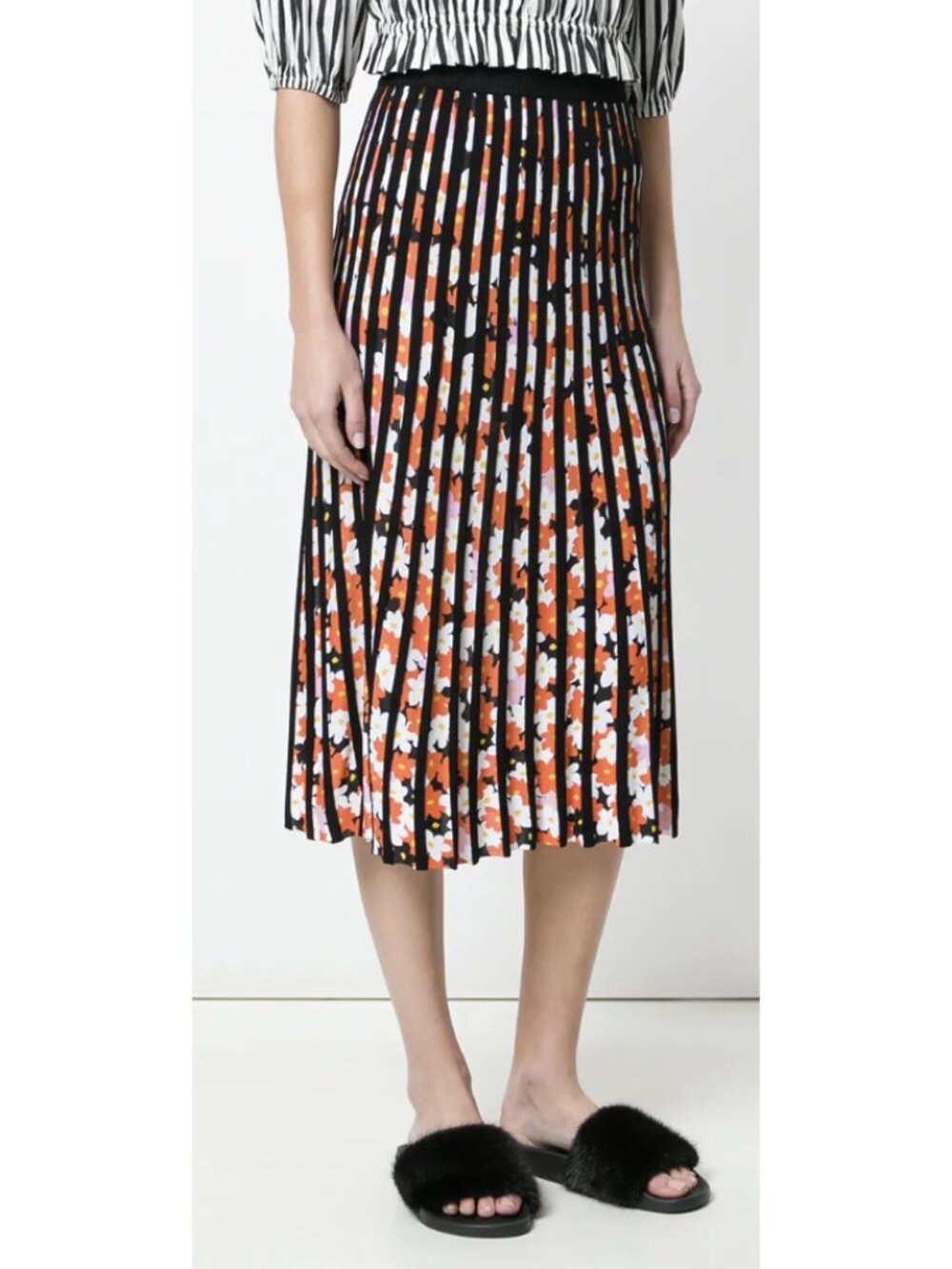 KENZO PARIS Floral Striped Midi Pleated Skirt Medium Maximalist Quirky Knit